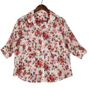 Tianello Womens Savoir Blouse SZ L Red Floral 3/4 Sleeve Cotton Button-Up USA